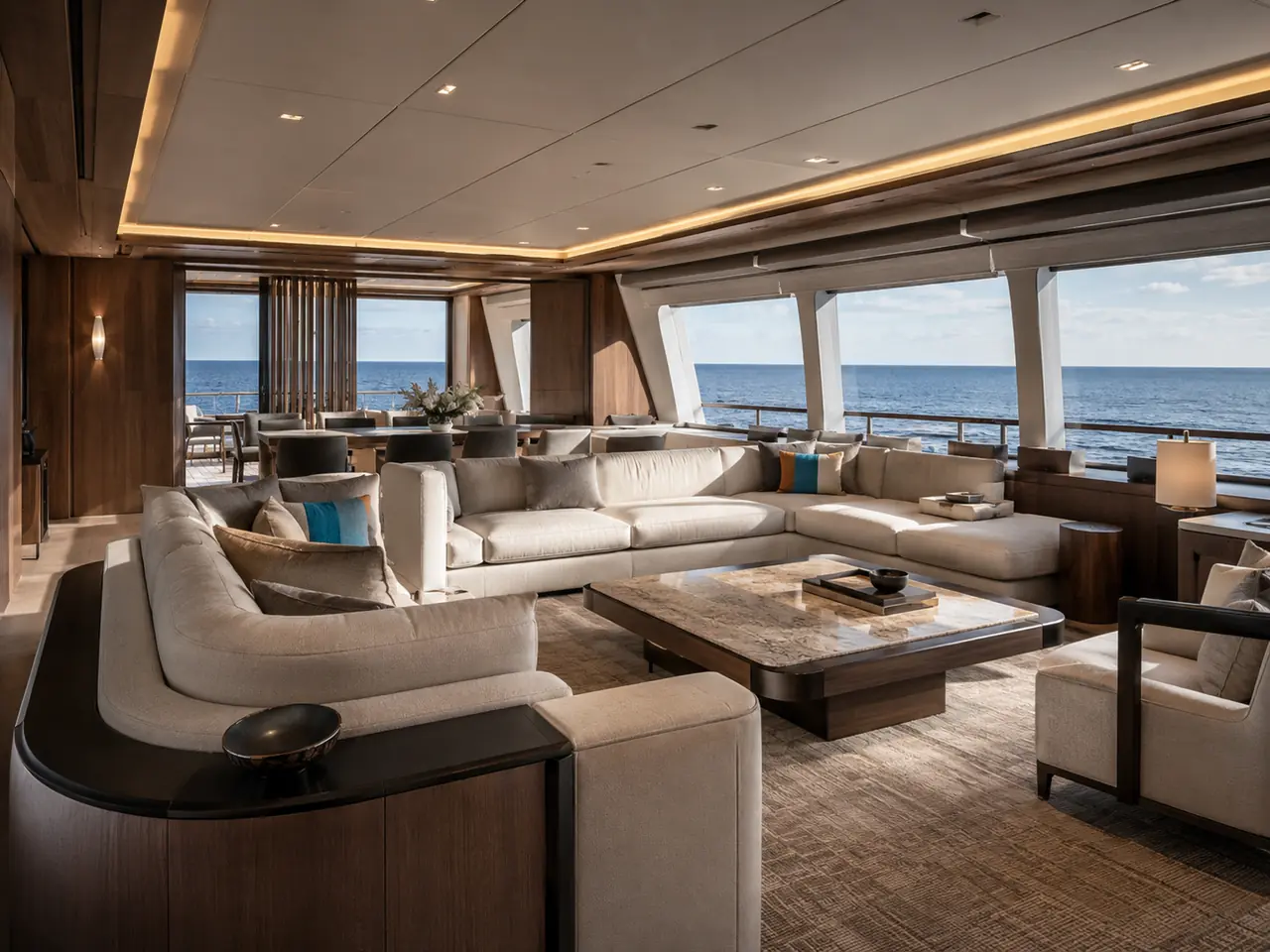 Modern superyacht salon with fitted upholstery, walnut cabinetry, panoramic windows, and woven flooring.